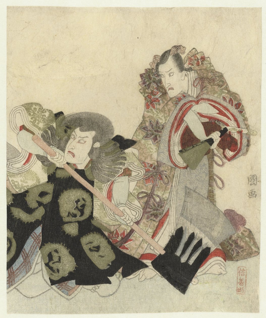 Ichikawa Danjûrô VII jako Yoshimune no Munesada s ventilátorem a Ichikawa Omezô v roli Sekibei se sekerou od Utagawa Toyokuni (I)