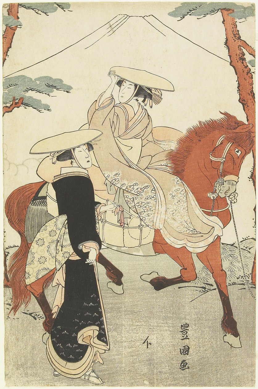 (Dvě ženy, jedna kráčí, druhá jede na koni), konec 18. - začátek 19. století od Utagawa Toyokuni
