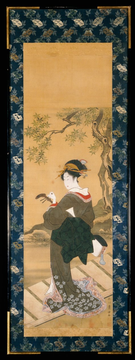 Celovečerní portrét ženy ladící svůj šamisen na verandě (sumi, gofun a barva na hedvábí); od Utagawa Toyokuni