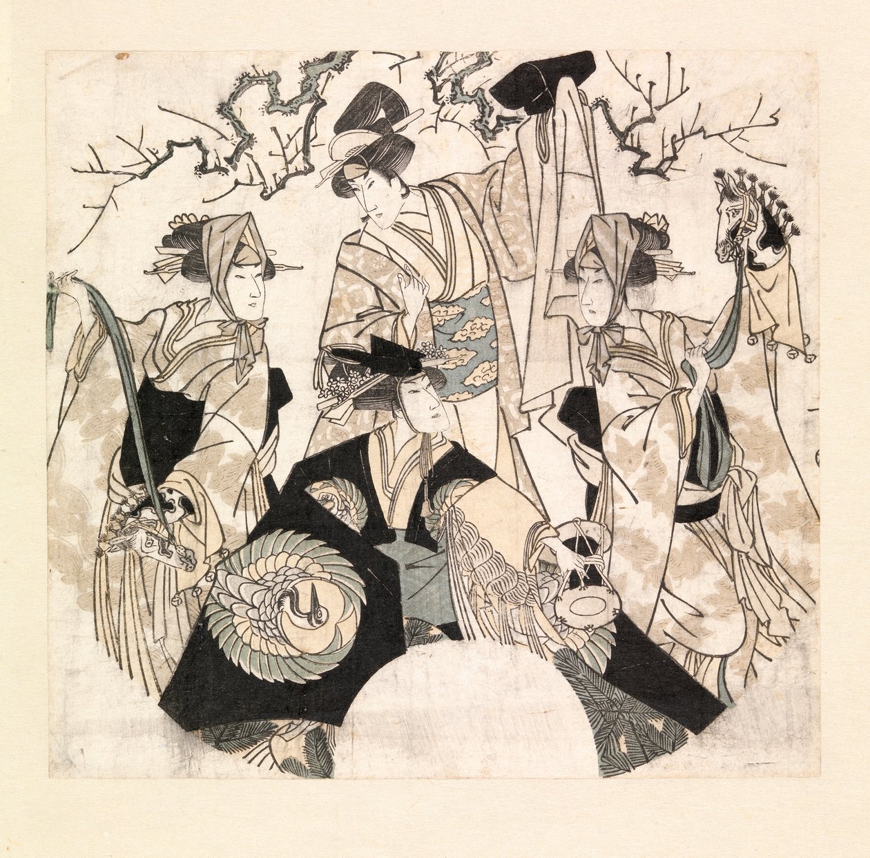 Herci předvádějící scénický tanec čtyř Onnagatů, kolem 1800-05 (barevný dřevoryt) od Utagawa Toyokuni
