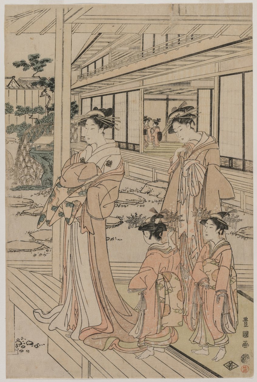 Kurtizána stojící na verandě od Utagawa Toyokuni