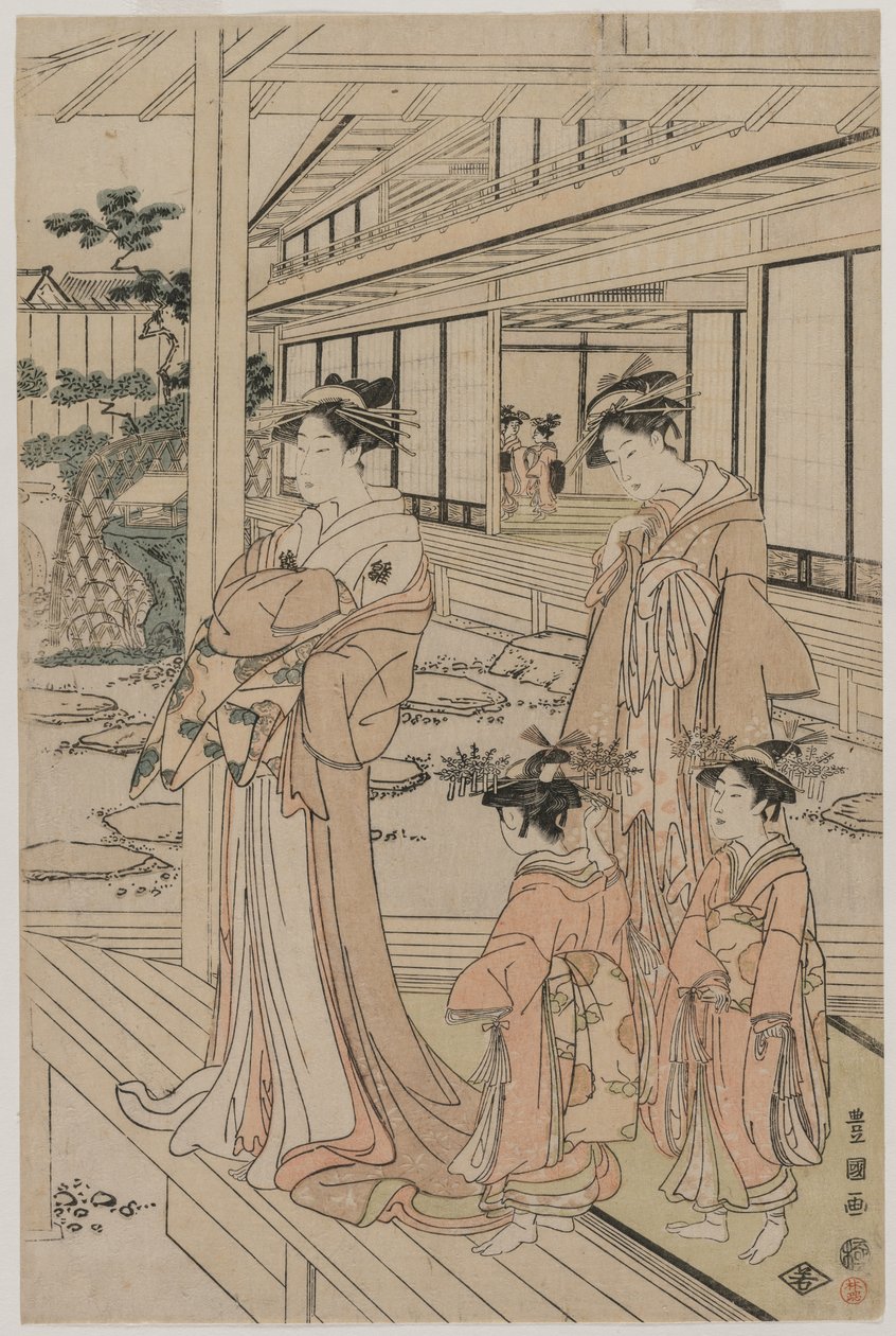 Kurtizána stojící na verandě, počátek 90. let 18. století. od Utagawa Toyokuni