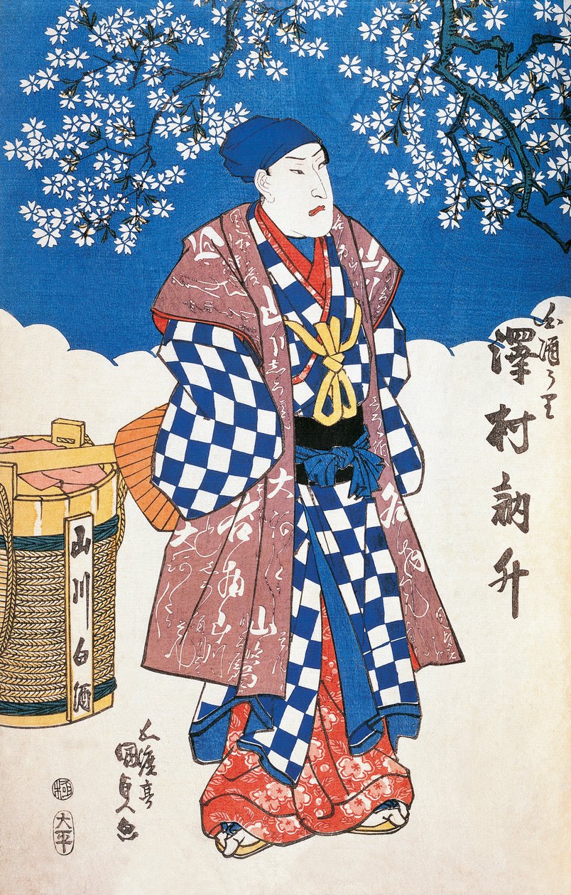 Japonský herec v kimonu a pozadí zdobené jabloňovými květy, Utagawa Toyokuni, dřevoryt od Utagawa Toyokuni