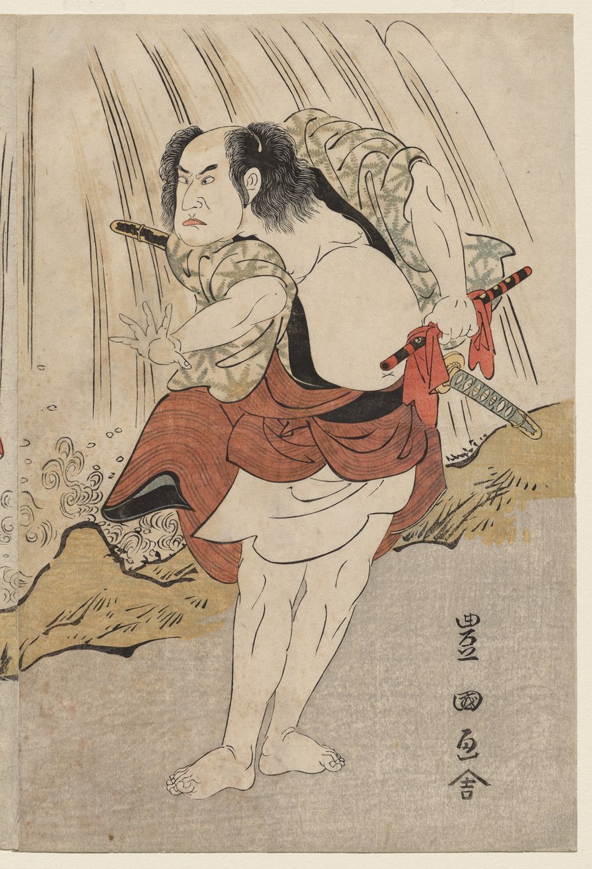 Kataoka Nizaemon VII a Ichikawa Yaozo III v konfrontaci u vodopádu od Utagawa Toyokuni