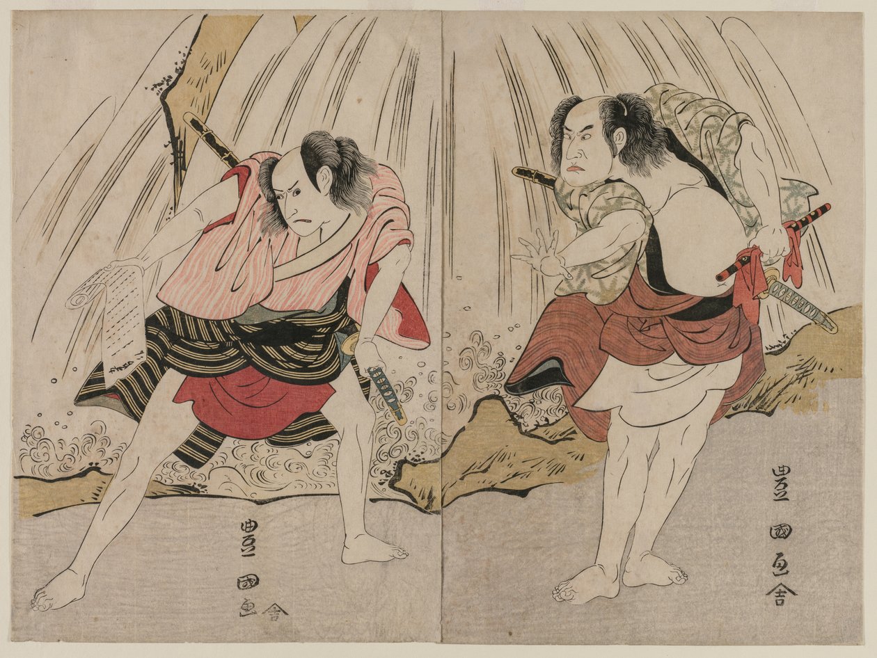 Kataoka Nizaemon VII. a Ichikawa Yaozo III. v souboji u vodopádu od Utagawa Toyokuni