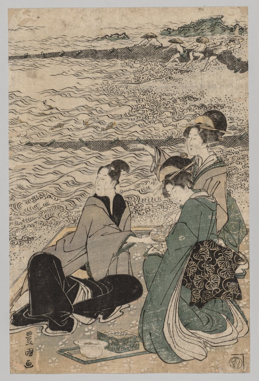 Muž a dvě ženy na břehu moře od Utagawa Toyokuni