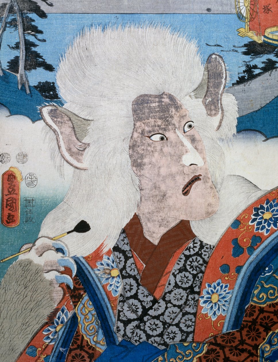 Portrét divadelního herce Kabuki Mority Karyi v zoomorfní masce, umělecký tisk ukiyo-e od Utagawa Toyokuniho (1769-1825), dřevoryt, japonská civilizace, období Edo od Utagawa Toyokuni