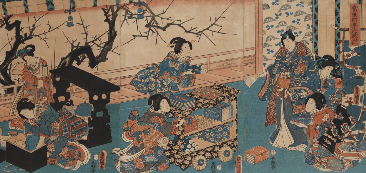 Příprava na jarní čtení poezie (dřevěný blok připevněný na desce) od Utagawa Toyokuni