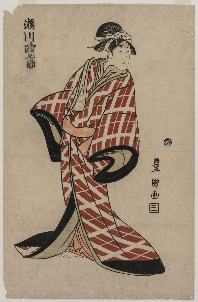 Segawa Michinosuke na sobě vycpaný kostkovaný župan od Utagawa Toyokuni