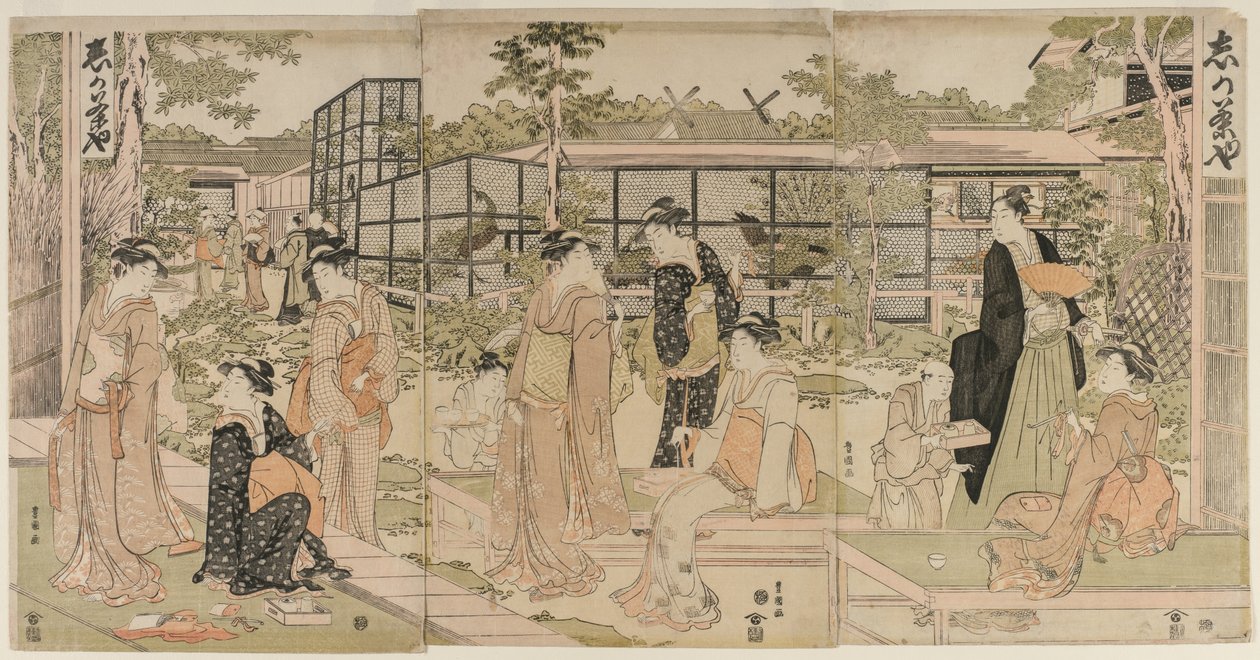 Návštěvníci čajovny Shika, počátek 90. let 18. století. od Utagawa Toyokuni