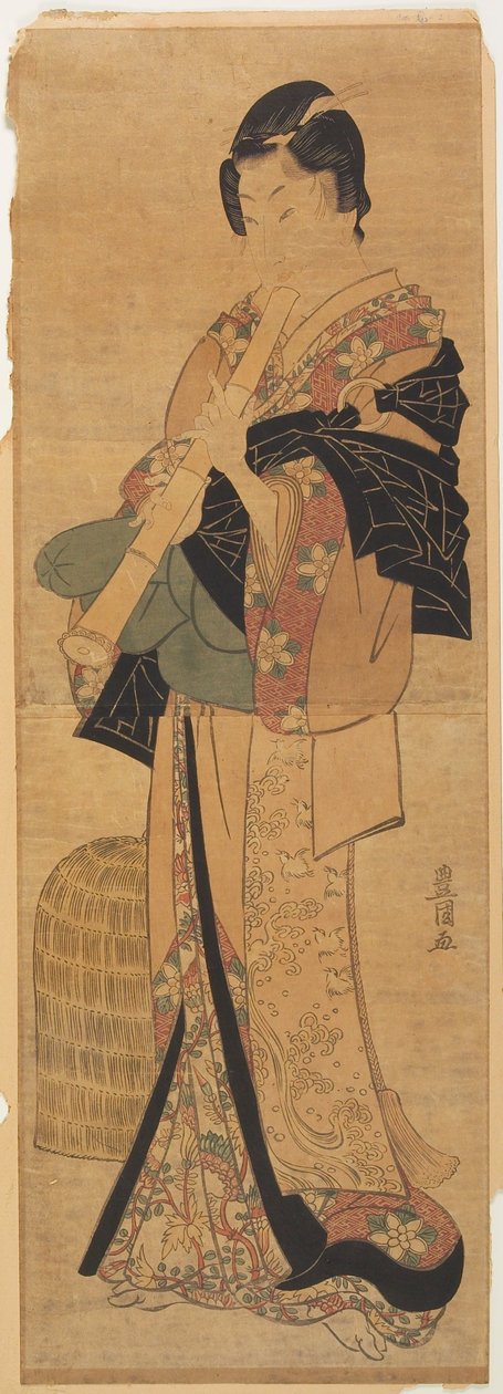 Wakashu verkleidet als bettelnder Priester, der Flöte spielt od Utagawa Toyokuni