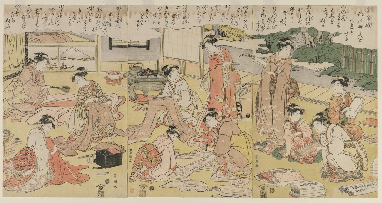 Ženy vyrábějící oděvy, počátek 90. let 18. století. od Utagawa Toyokuni