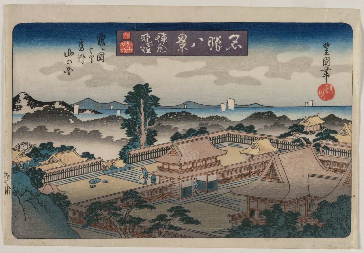 Osm pohledů na známá místa: Večerní zvon v Kamakuře: Hory v provincii Awa ze svatyně Hachiman v Tsurugaoka od Utagawa Toyokuni II