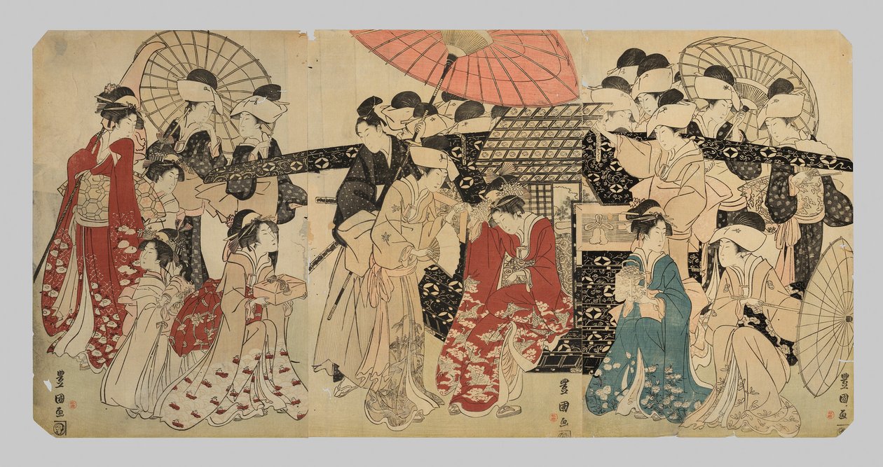 Princezna cestující se svými sluhy sestupuje z nosítek od Utagawa Toyokuni I