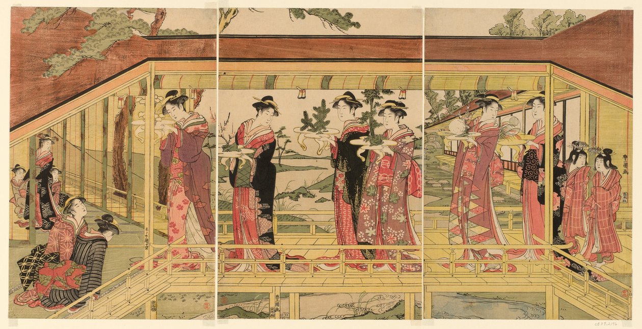 Průvod žen držících ozdoby shimadai od Utagawa Toyokuni I
