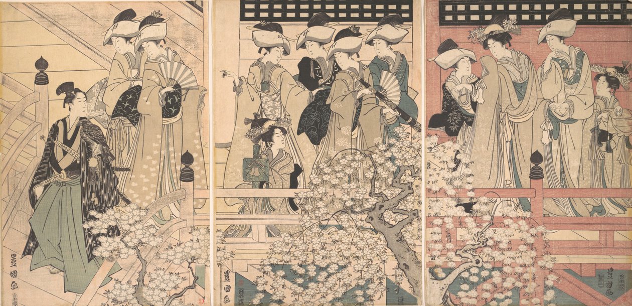 Krásky na verandě mezi třešňovými květy, odkud odlétá samuraj, ca. 1800. od Utagawa Toyokuni I