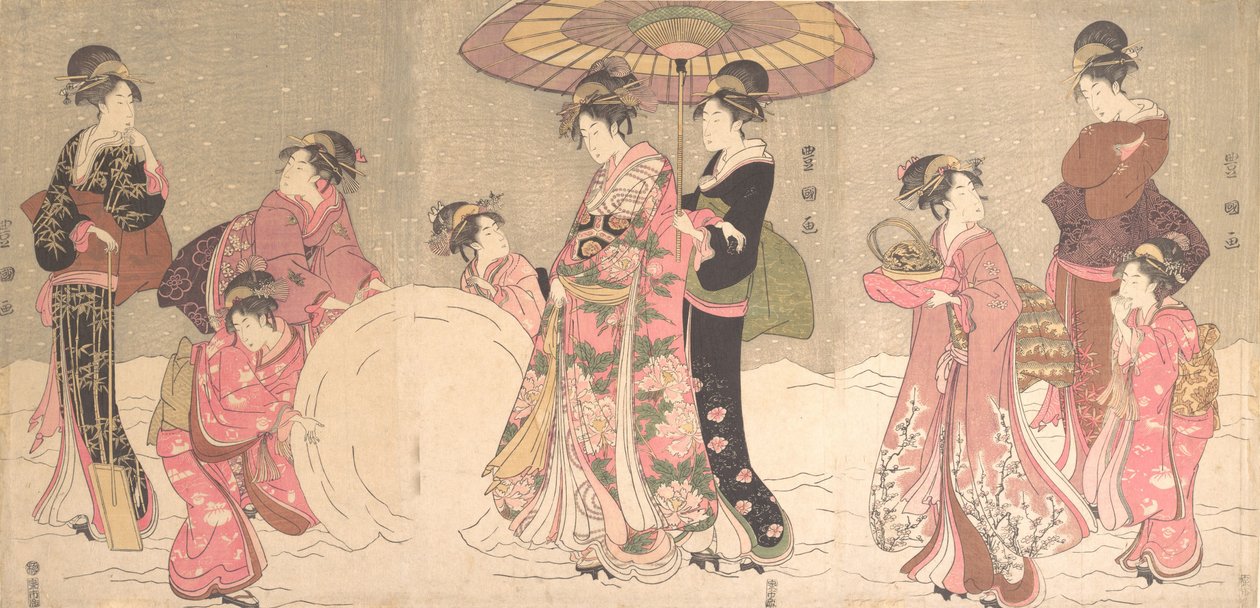 Kurtizány a průvodčí dělají obří sněhovou kouli, ca. 1796. od Utagawa Toyokuni I
