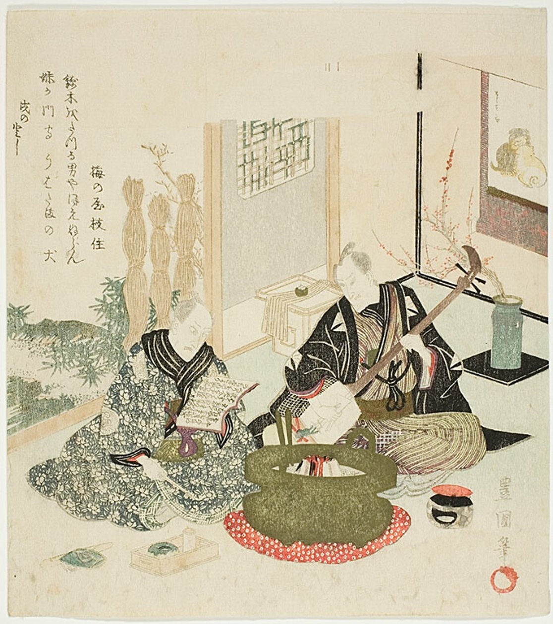 Čtení a hra na šamisen v zimě od Utagawa Toyokuni I