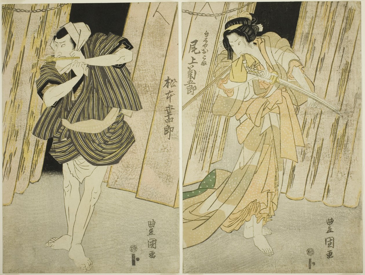 Tee Ac and rs Onoe Hear Goro Good (vpravo) Jako Shirokiya Okoma Draft d Ogi Matsumoto V od Utagawa Toyokuni I
