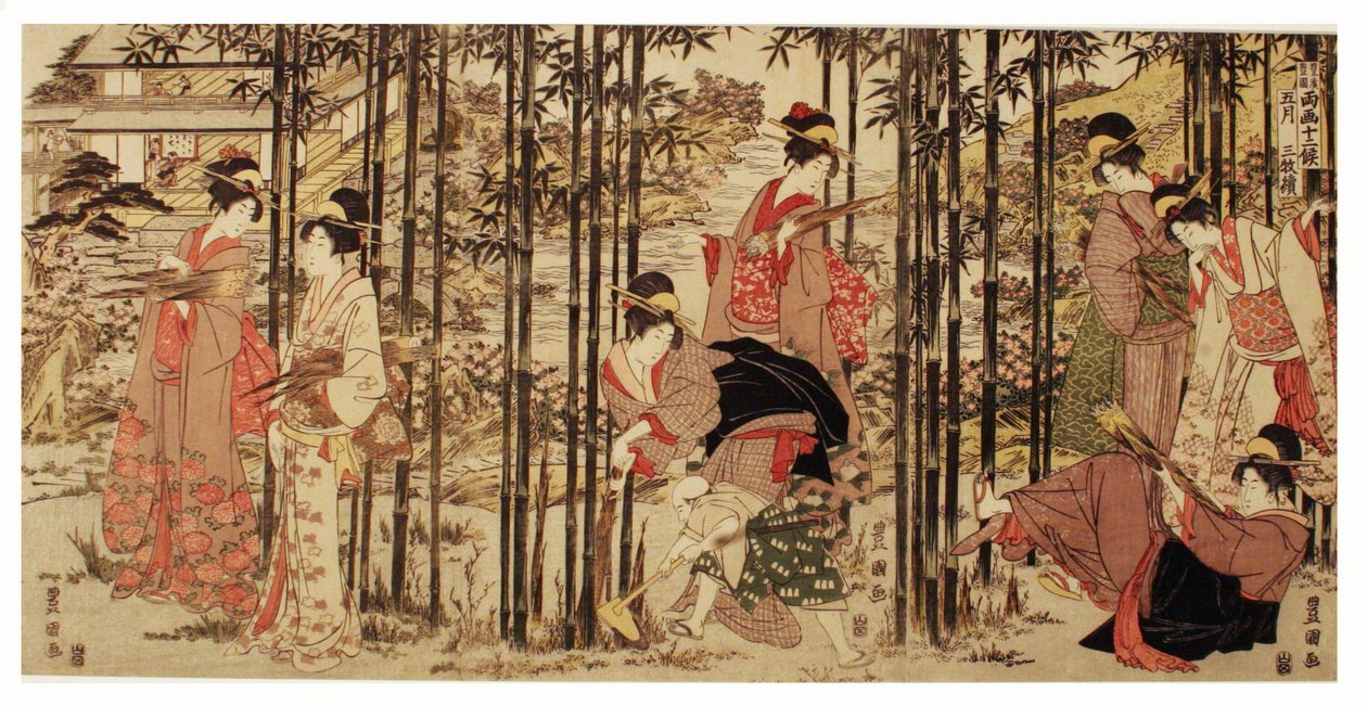 Pátý měsíc, sada tří (Gogatsu sambukutsui), ze série „Dvanáct měsíců dvěma štětci z Toyohira a Toyokuni“ od Utagawa Toyokuni I