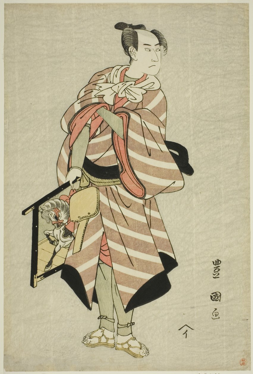 Herec Sawamura Sojuro III jako jezdec Muchizo ve hře „Miyamairi Musubi no Kamigaki“, vystupoval v divadle Kiri v jedenáctém měsíci roku 1797. od Utagawa Toyokuni I