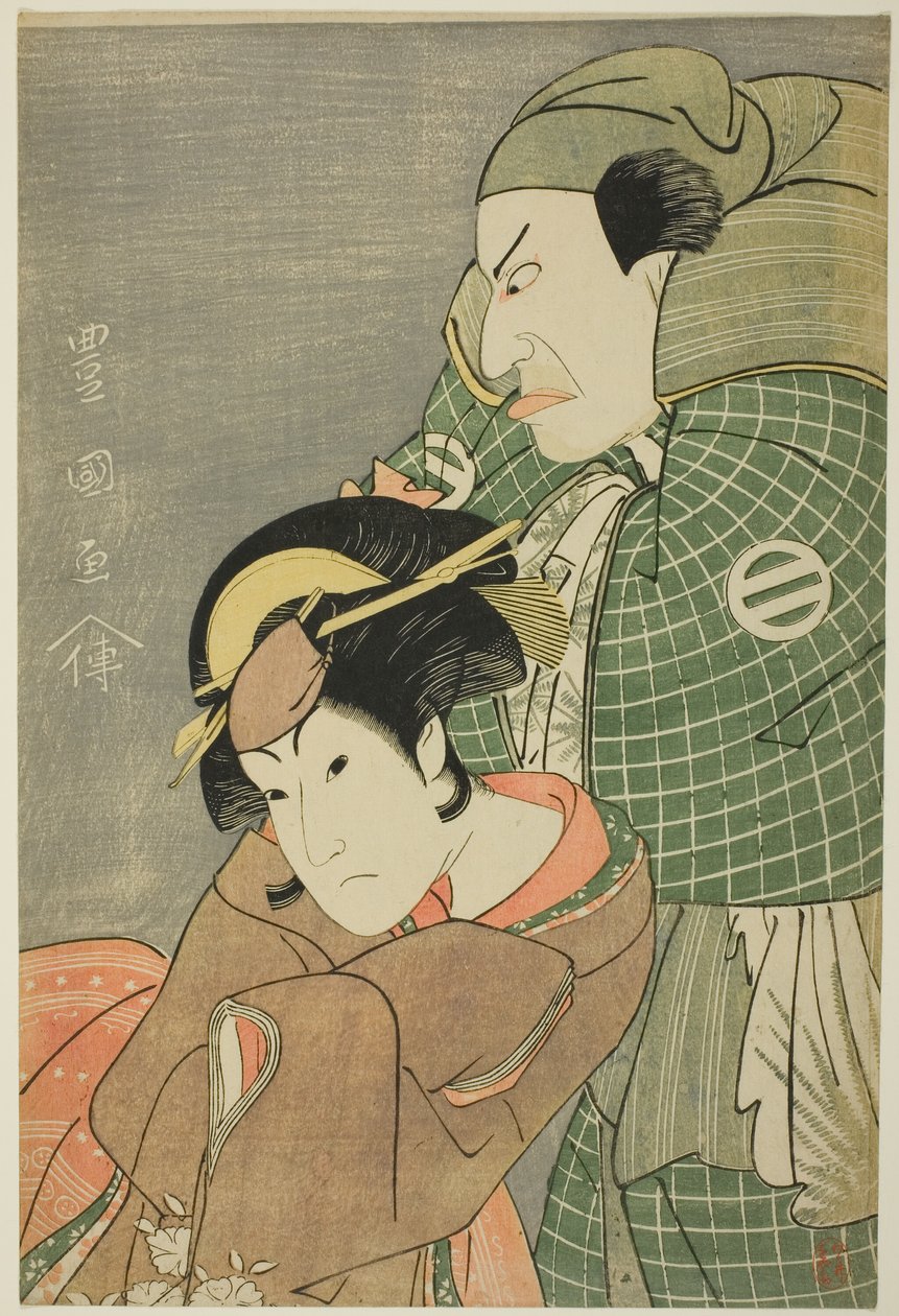 Herci Kataoka Nizaemon VII jako Iyo no Taro a Iwai Hanshiro IV jako Kojoro-gitsune z Okazaki ve hře „Seiwa Nidai Oyose Genji“, která byla uvedena v divadle Miyako v jedenáctém měsíci, 1796 od Utagawa Toyokuni I
