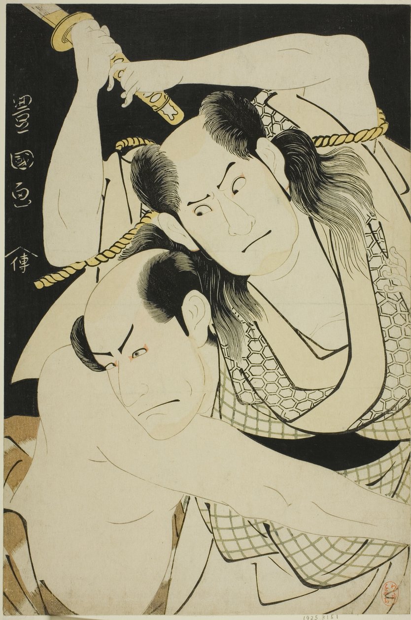 Herci Sawamura Sojuro II jako Satsuma Gengobei a Arashi Ryuzo II jako Mawashi-otoko Yasuke ve hře „Edo Sunago Kichirei Soga“, hráli v divadle Miyako první měsíc, 1795. od Utagawa Toyokuni I