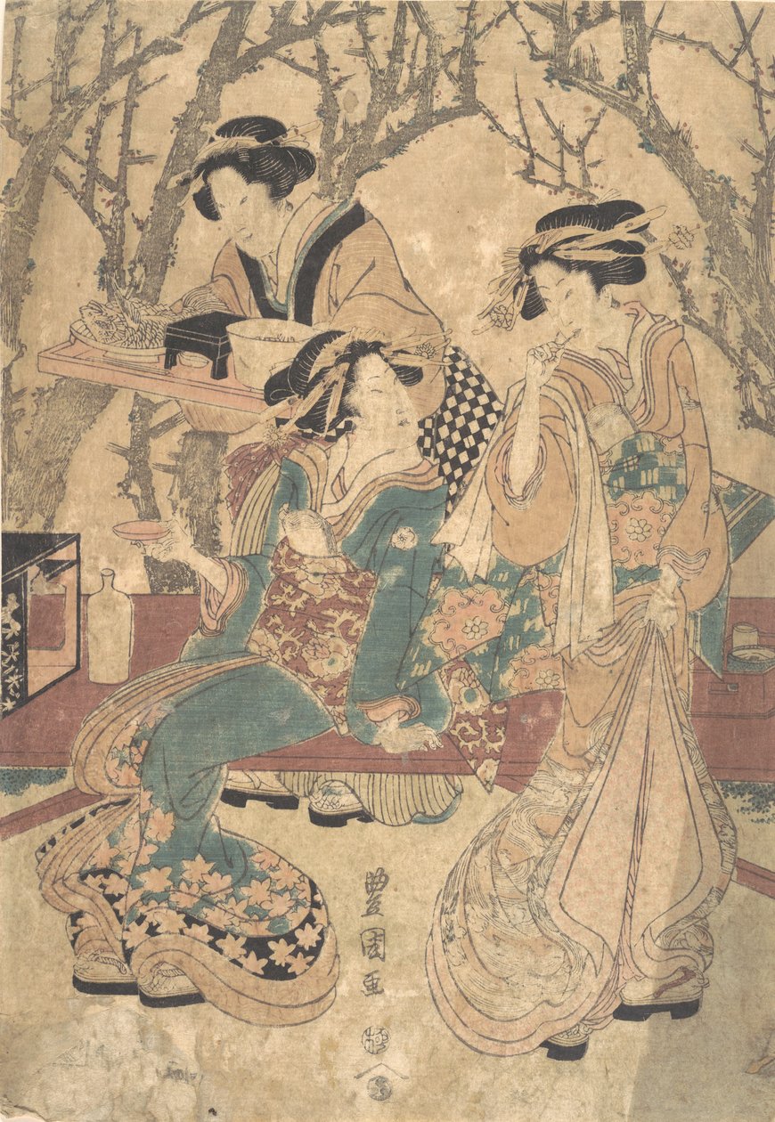 Tři ženy večeří před skupinou stromů. od Utagawa Toyokuni I