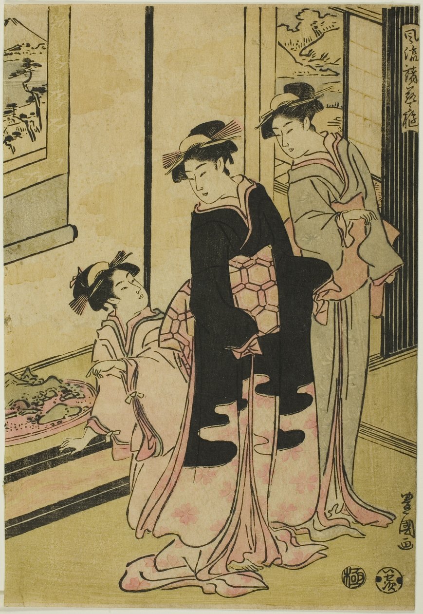 Ženy prohlížející miniaturní krajinu ze série "Furyu moro hanami uwari" od Utagawa Toyokuni I