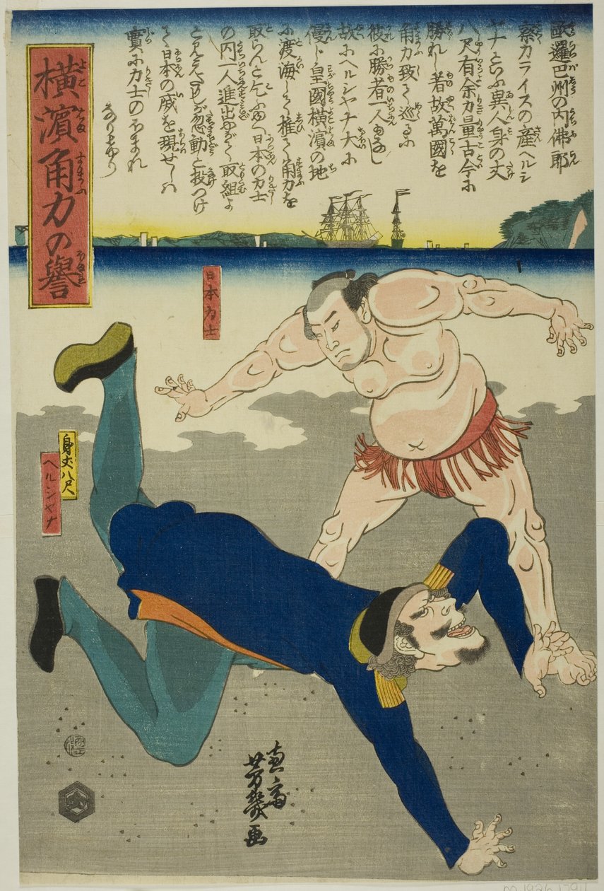Zápasník svrhl Francouze od Utagawa Yoshiiku