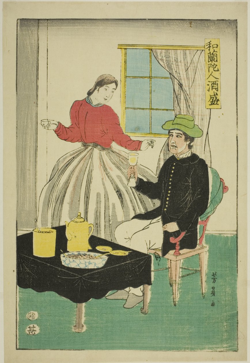 Holandský pár pijící víno (Orandajin sakamori) od Utagawa Yoshikazu