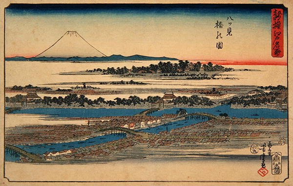 Obrázek Osmisměrného mostu ze série „Nově vybrané slavné místo v Edu“ od Utagawa Yoshimori