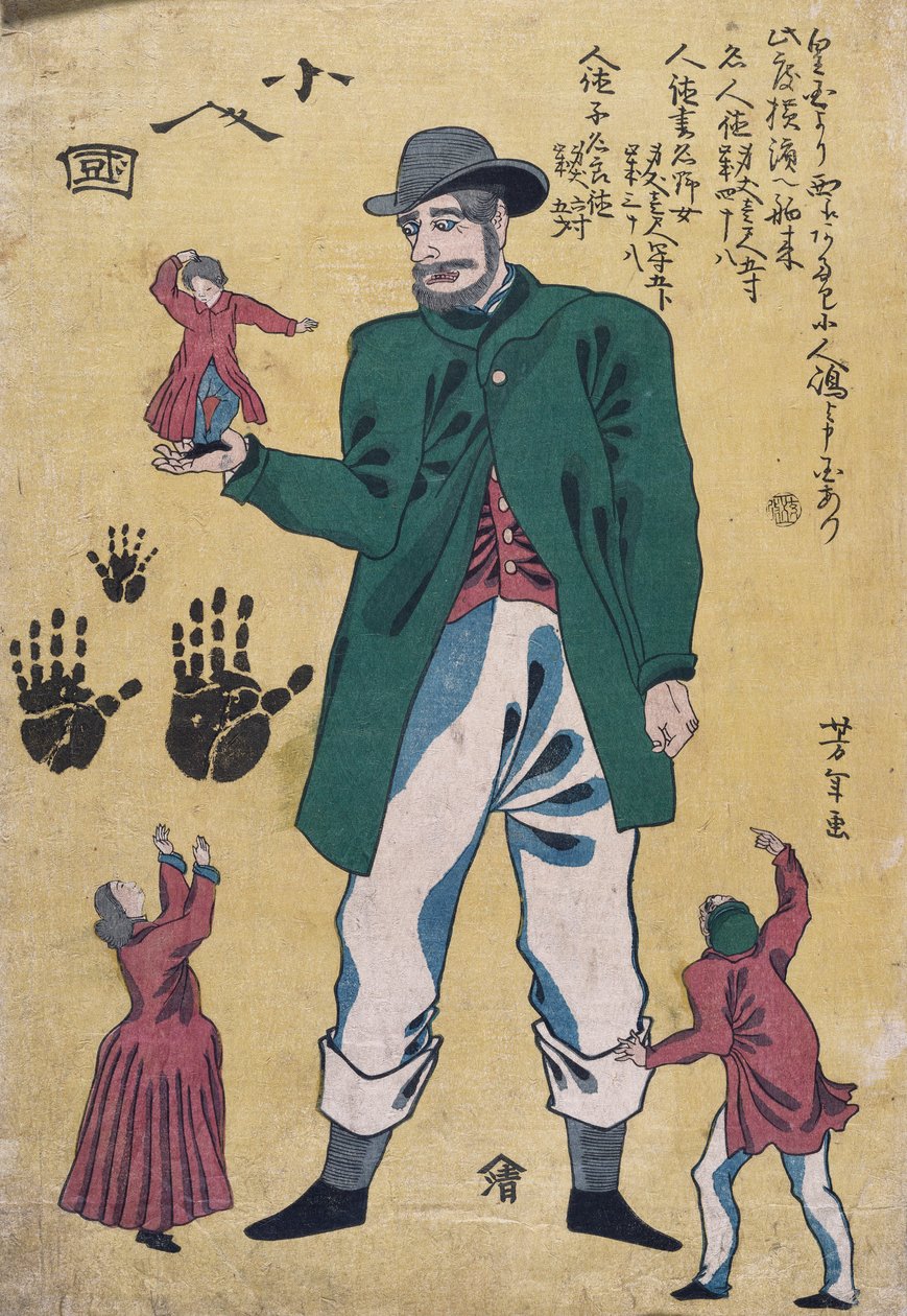 Obr s trpaslíky (barevný dřevořez) od Utagawa Yoshitora