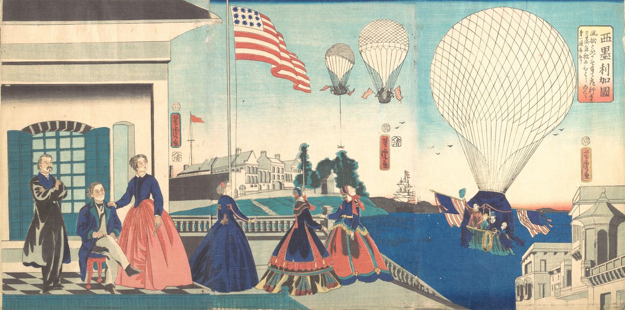 „Amerika“: Užívání horkovzdušných balónů, 1867. od Utagawa Yoshitora