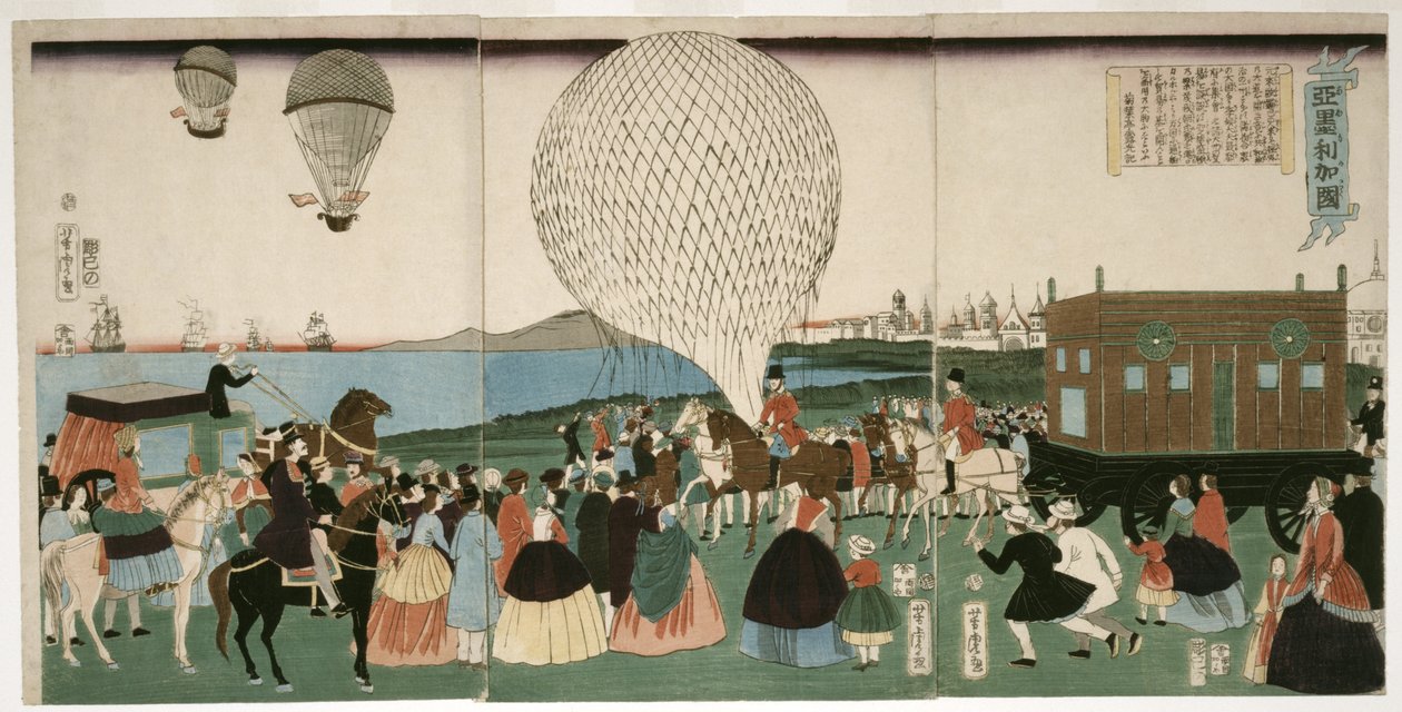 Let balónem v Americe, hospoda. 1865 (ručně kolorovaný dřevoryt) od Utagawa Yoshitora