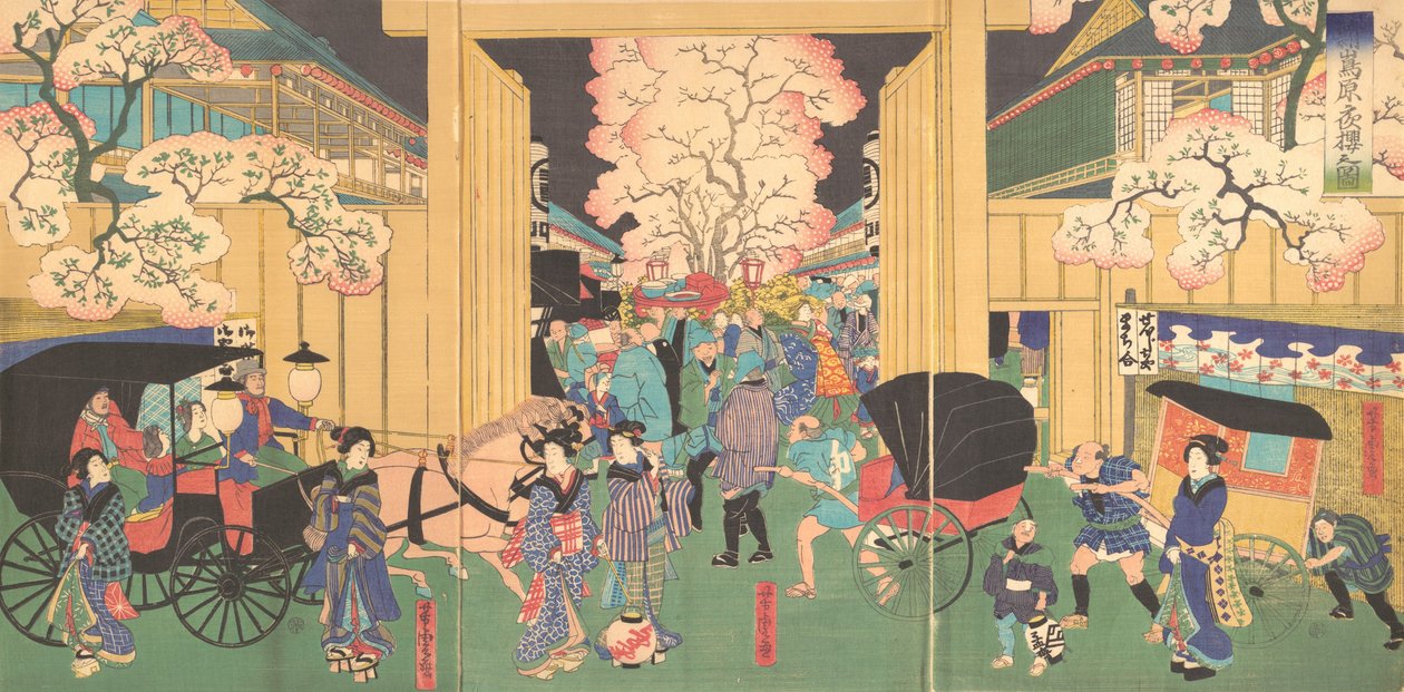 Třešně v noci v New Shimabara, 19. století. od Utagawa Yoshitora