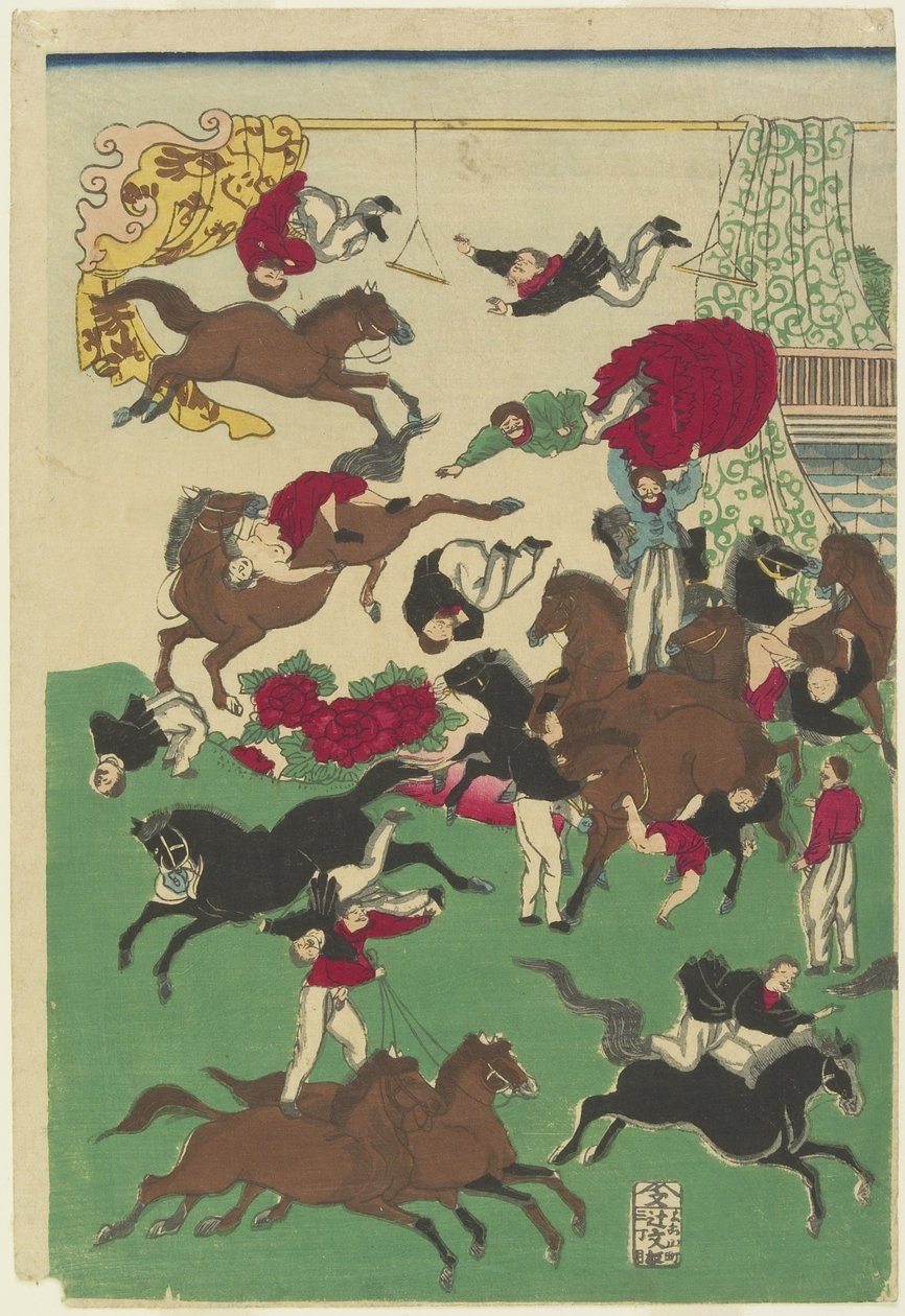 Circus Stunts, 19. století (barevný dřevořez) od Utagawa Yoshitora