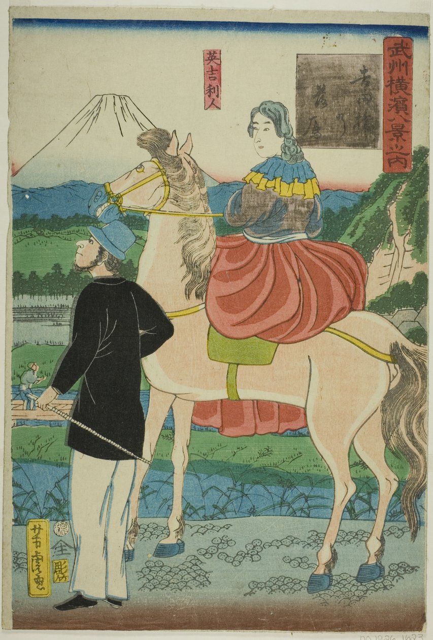 English Sledování sestupujících hus na mostě Yoshida (Yoshida-bashi no rakugan, Igirisujin) ze série "Osm pohledů na Jokohamu v provincii Musashino (Bushu Yokohama hakkei no uchi)" od Utagawa Yoshitora