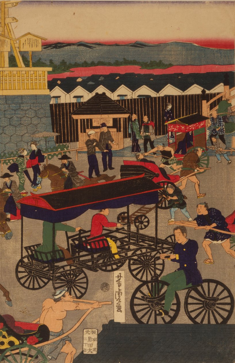 Flourishing Nihonbashi section of Tokyo. Tokyo Nihonbashi han ei no zu Triptych od Utagawa Yoshitora