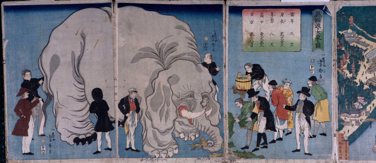 Cizinci se slonem (barevný dřevotisk) od Utagawa Yoshitora