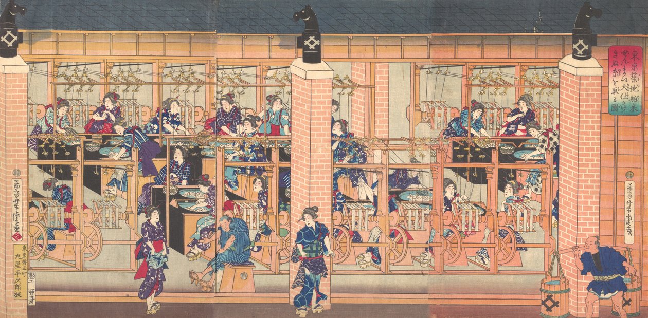 Importovaný stroj na navíjení hedvábí v Tsukiji v Tokiu, 4. měsíc, 1872. od Utagawa Yoshitora