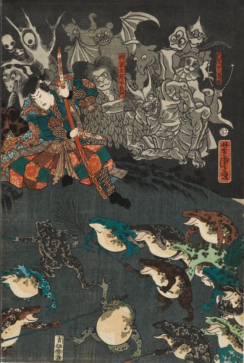 Žabí duch Nikushi vyvolává kouzelnou bitvu žab v Tateyama v provincii Etchu, 1864 od Utagawa Yoshitora