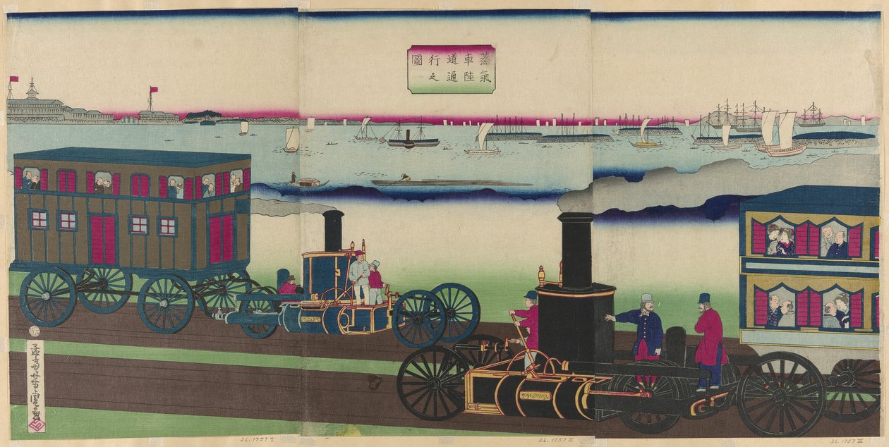 Obrázek Steam Locomotives Traveling (Jokisha rikudo tsuko no zu) od Utagawa Yoshitora