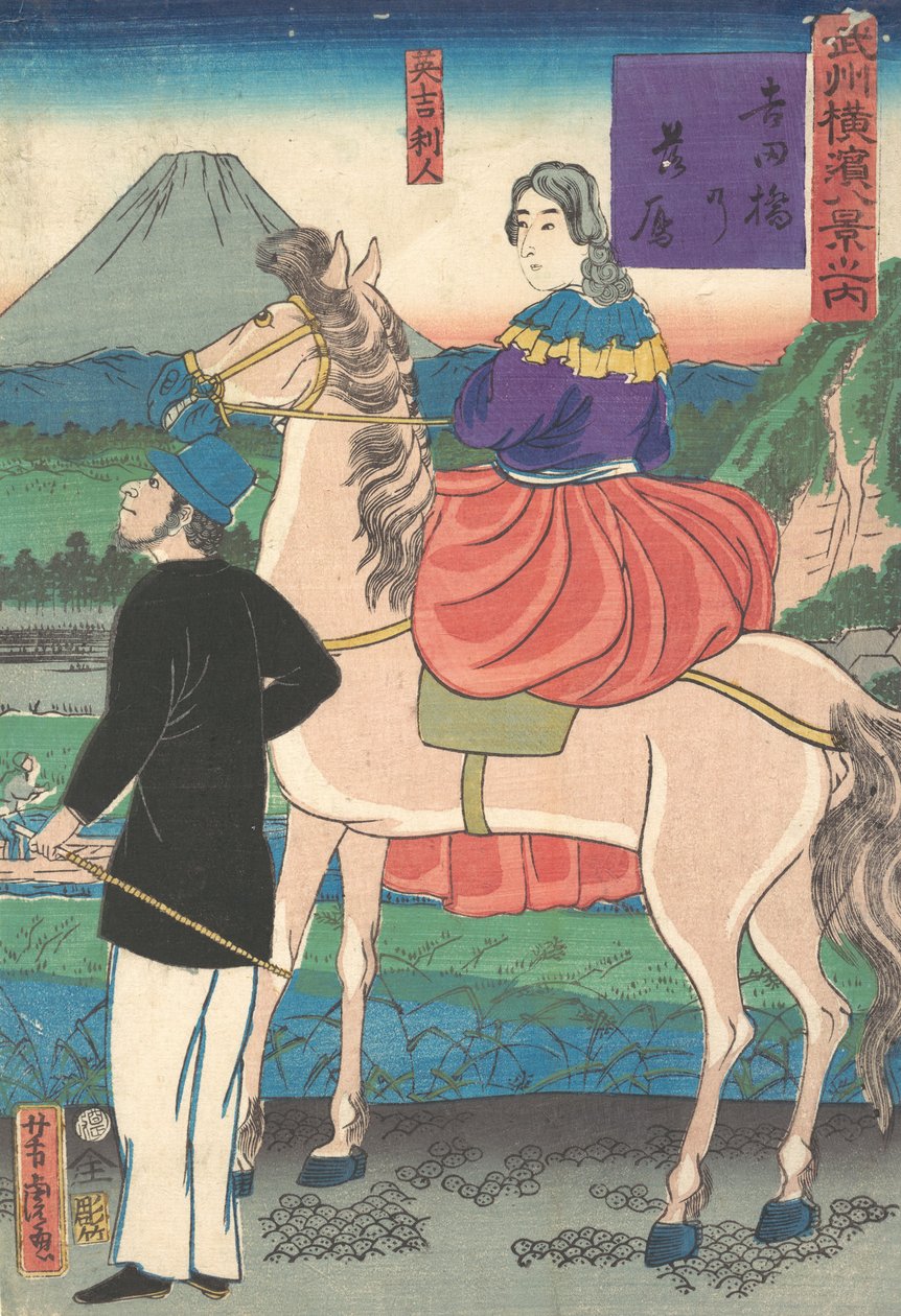 Soumrak při pohledu na divoké husy létající dolů směrem k mostu Yoshida, leden 1861. od Utagawa Yoshitora