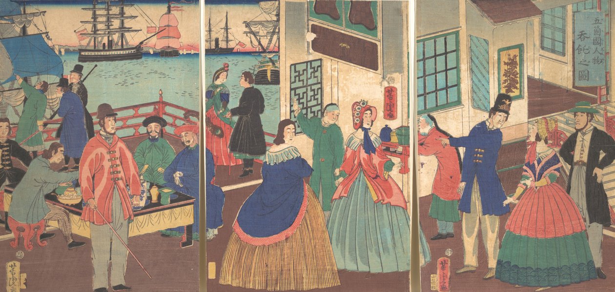 Pohled na jídlo a pití od lidí pěti zemí, 1861, 12. měsíc. od Utagawa Yoshitora