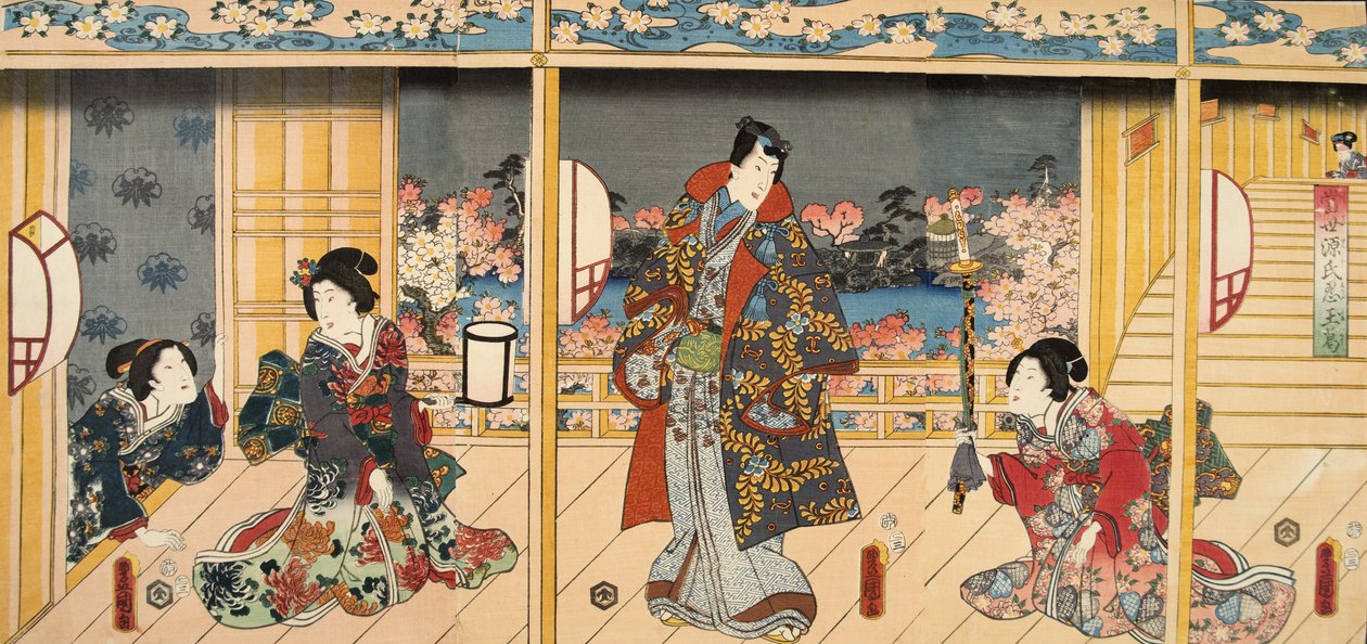 Scéna z Genji monogatari (Tale of Genji) od Murasaki Shibuku (nar. 978) c. 1860 (barevný dřevotisk) od Utagawa and Toyokuni Kuniyoshi