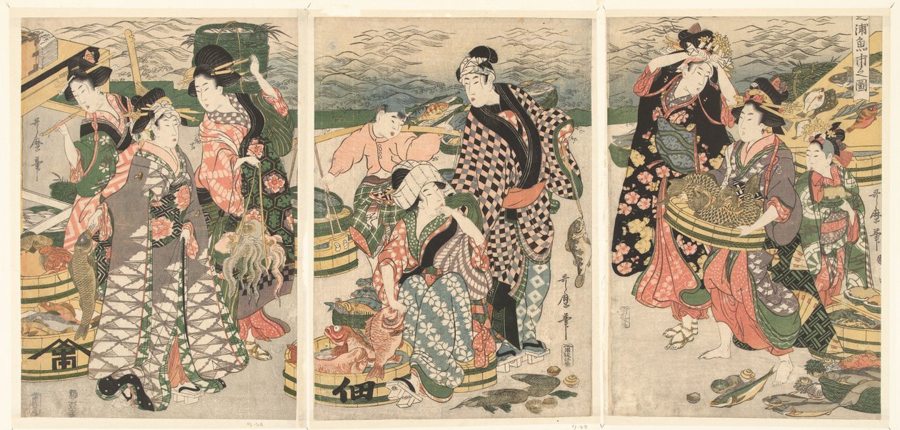 Pohled na rybí trh na pláži v Shiba [Shiba] no ura uoichi no zu (název na objektu) od Utamaro (II) , Kitagawa