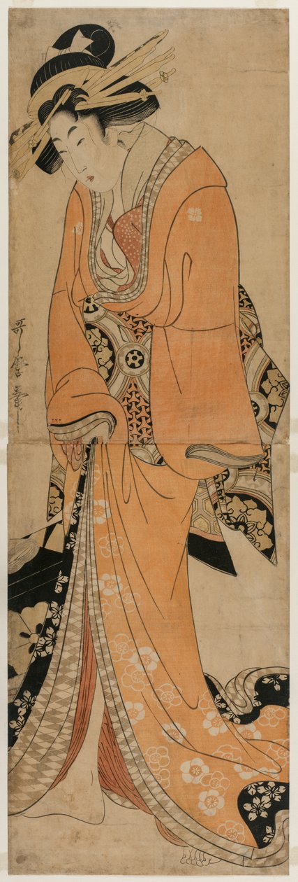 Gejša stojící vedle případu Shamisen, c. 1810. od Utamaro II
