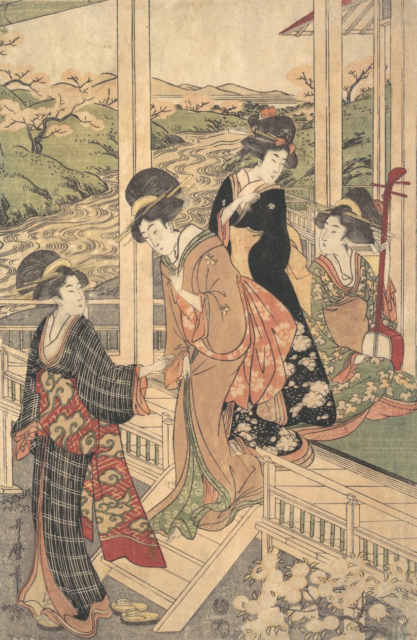 Skupina žen na Engawa venkovského domu, v době rozkvětu třešní,..., ca. 1806. od Utamaro II