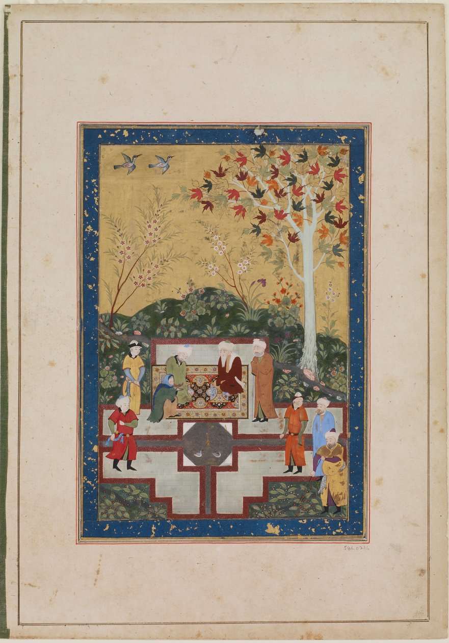 Folio alba; recto: Stařena a dva mudrci, Buchara, Uzbekistán, Timuridské období, 1510-40 (neprůhledný akvarel, inkoust a zlato na papíře) od Uzbek School